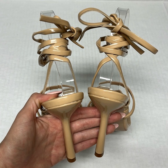 Schutz lily patent leather Nude Lace-Up toe strap Heels Strappy square Toe Sz 7 - Picture 15 of 16